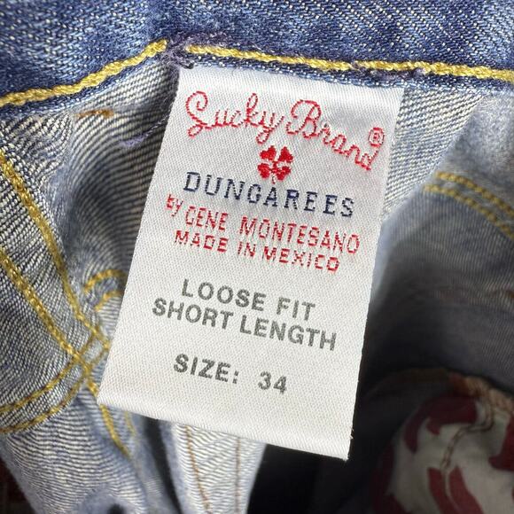 Lucky Brand Dungarees Loose Fit Short Length Jeans Mens 34x27 Blue Raw Hem Baggy - Picture 6 of 13